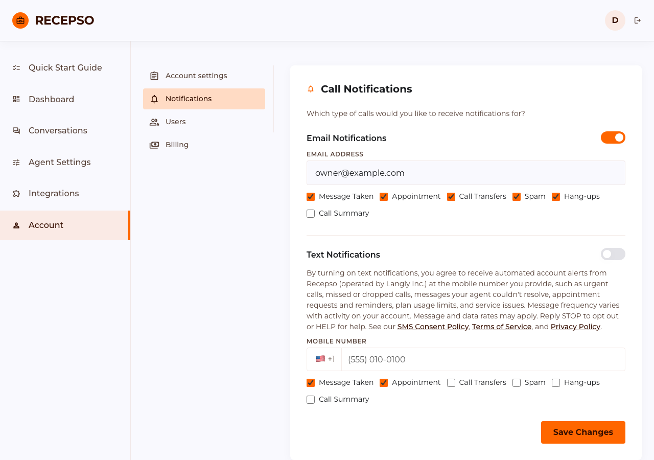 The Account > Notifications page in the Recepso application, where the Text Notifications section appears below Email Notifications.
