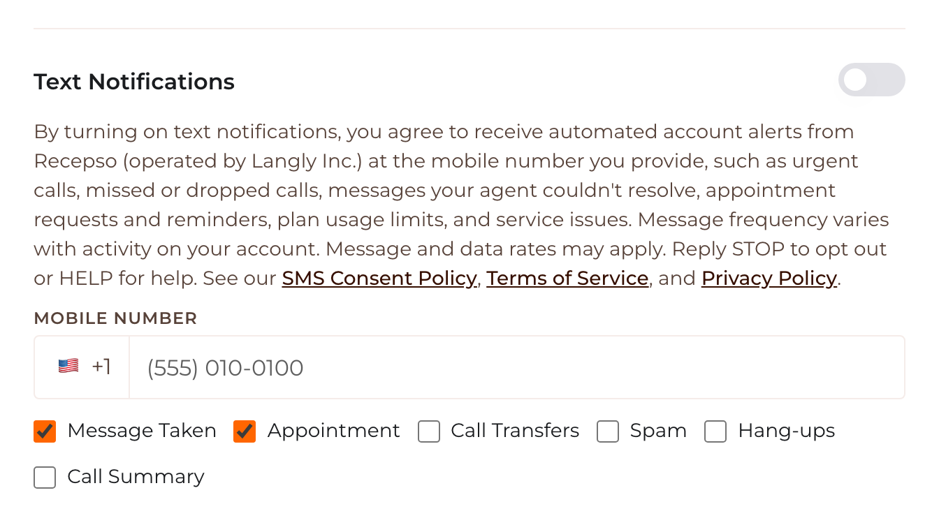 The Text Notifications section of Account > Notifications in the Recepso application: the switch is off, the consent disclosure is shown above an empty mobile number field, and the alert types can be chosen below it.