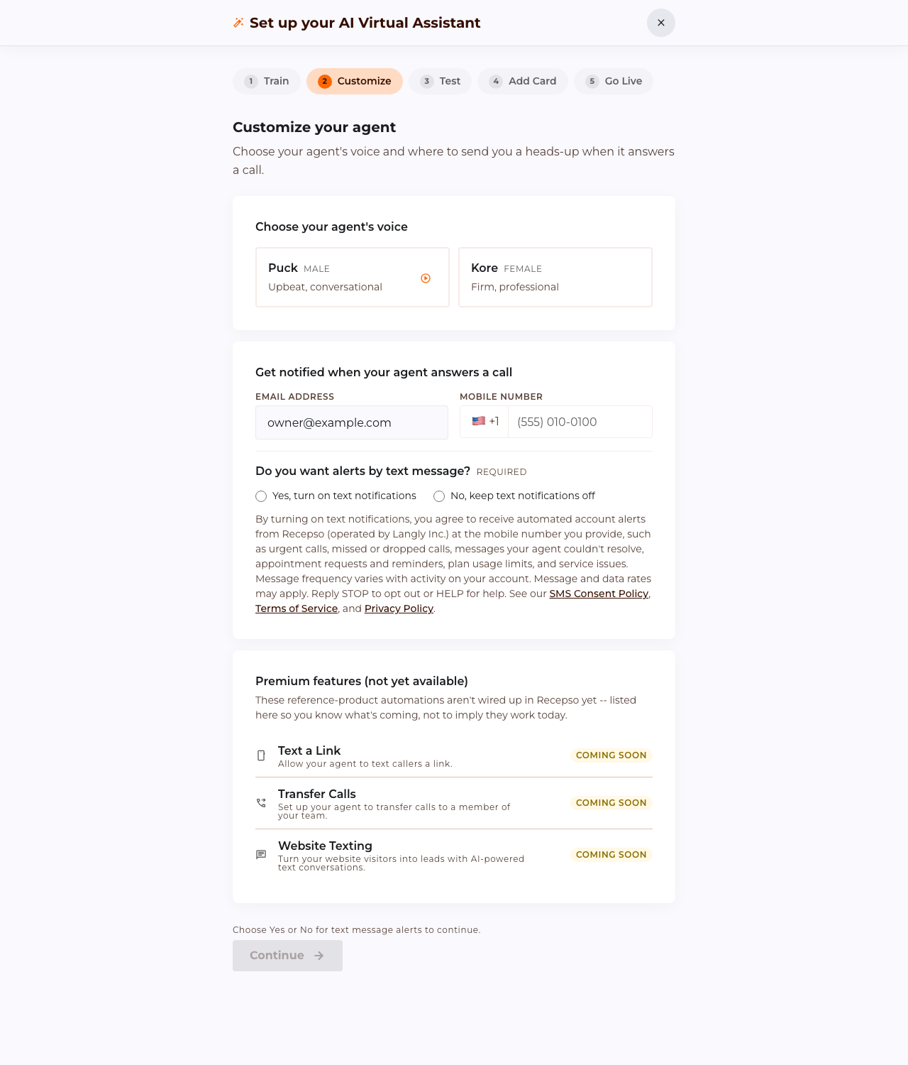 The Customize step of Recepso's setup wizard showing the voice choice and the Get notified section, where the required text-alerts question has neither answer selected; at the bottom of the page the message 'Choose Yes or No for text message alerts to continue' appears above a disabled Continue button.