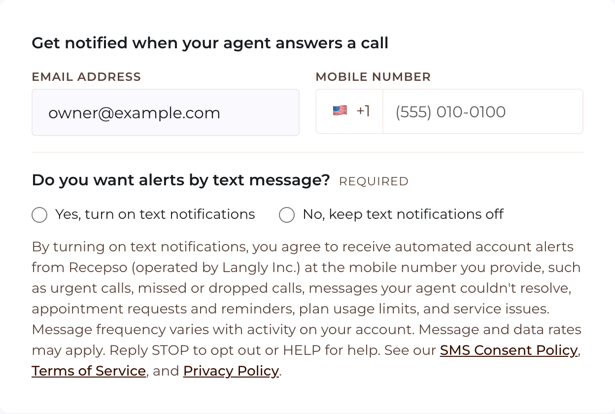 The text-alerts question in the Customize step of the Recepso application: 'Do you want alerts by text message?' marked Required, with two options, 'Yes, turn on text notifications' and 'No, keep text notifications off', neither selected, the consent disclosure directly beneath them, and an empty mobile number field above.