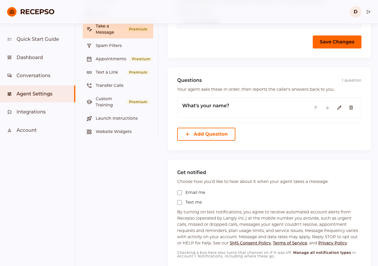 Agent Settings > Take a Message in the Recepso application, where the Get notified section with the Text me checkbox appears below the list of questions.