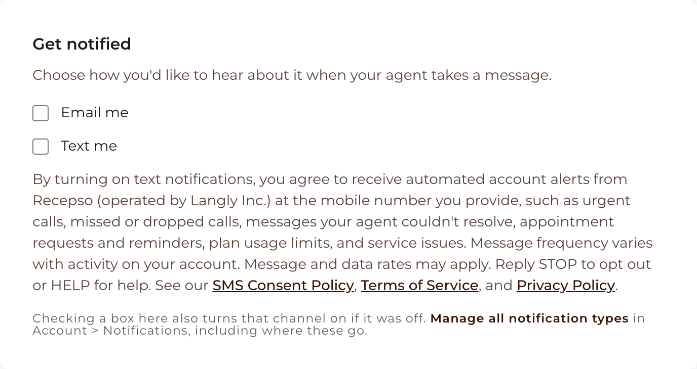 The Get notified section of Agent Settings > Take a Message in the Recepso application: the Email me and Text me checkboxes are unchecked, with the consent disclosure shown directly beneath them.